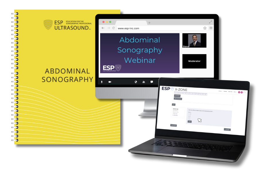 ESP's abdominal sonography webinar registration includes webinar access, a workbook, and access to our X-ZONE, providing a comprehensive ESP abdominal sonography review.